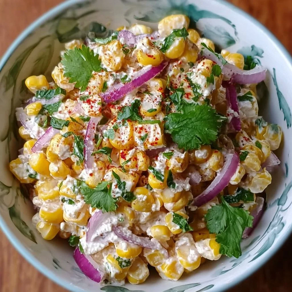 Healthy street corn salad topped with Greek yogurt and fresh herbs