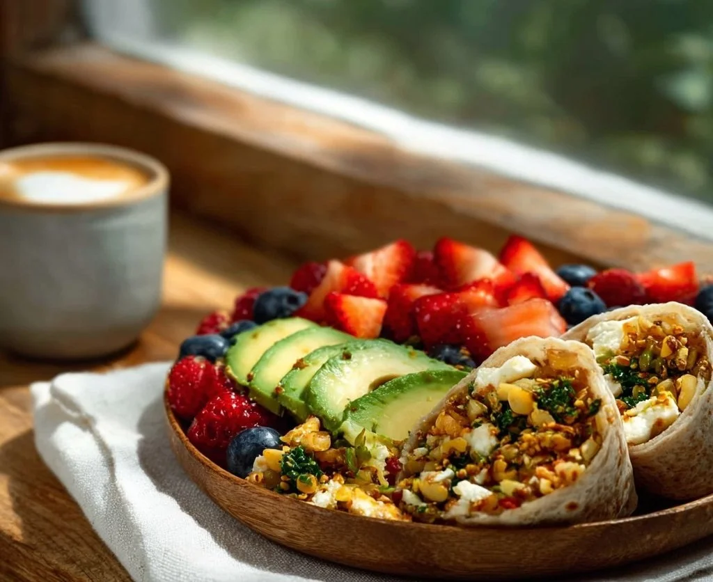 A colorful bowl of healthy vegan breakfast with fruits, nuts, and oats.
