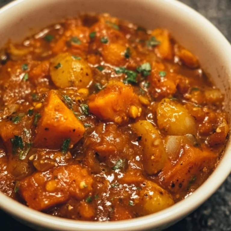 Bowl of hearty vegan sweet potato stew with colorful vegetables