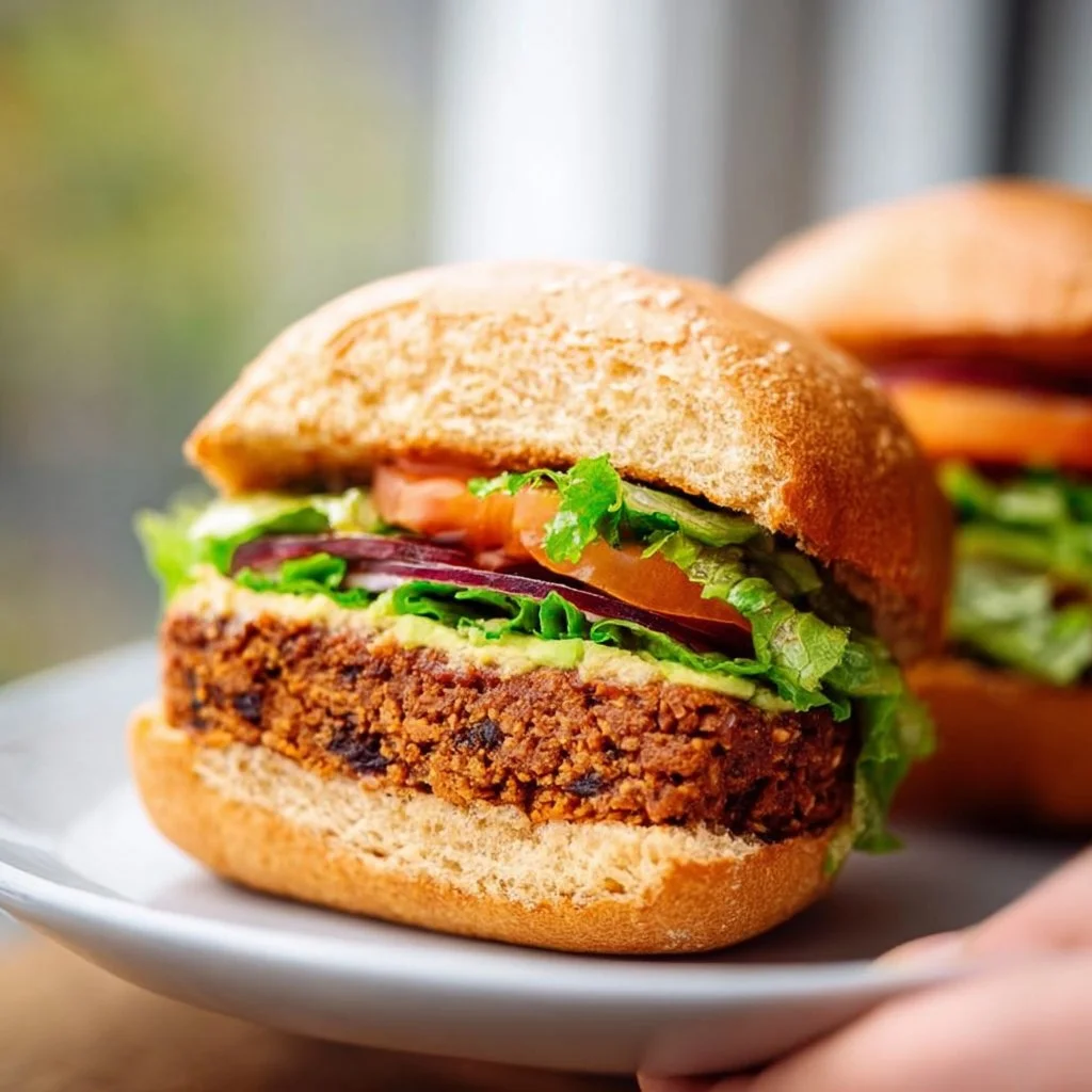 High-protein vegan burgers showcasing various toppings and ingredients.