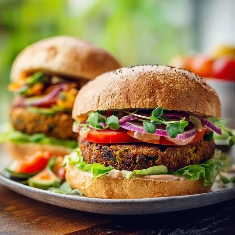 Delicious homemade veggie burgers served on a plate with fresh toppings.