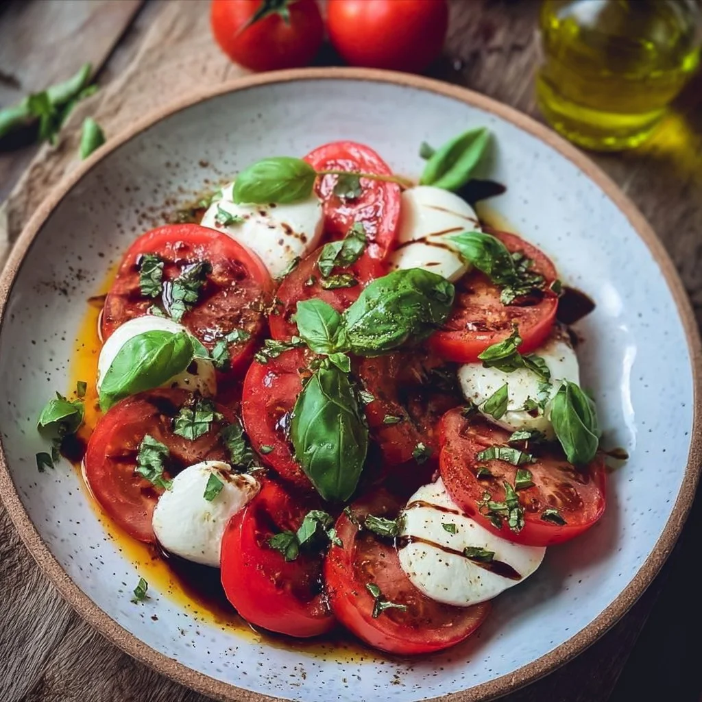 Juicy Vegan Caprese Salad with fresh tomatoes, basil, and vegan mozzarella