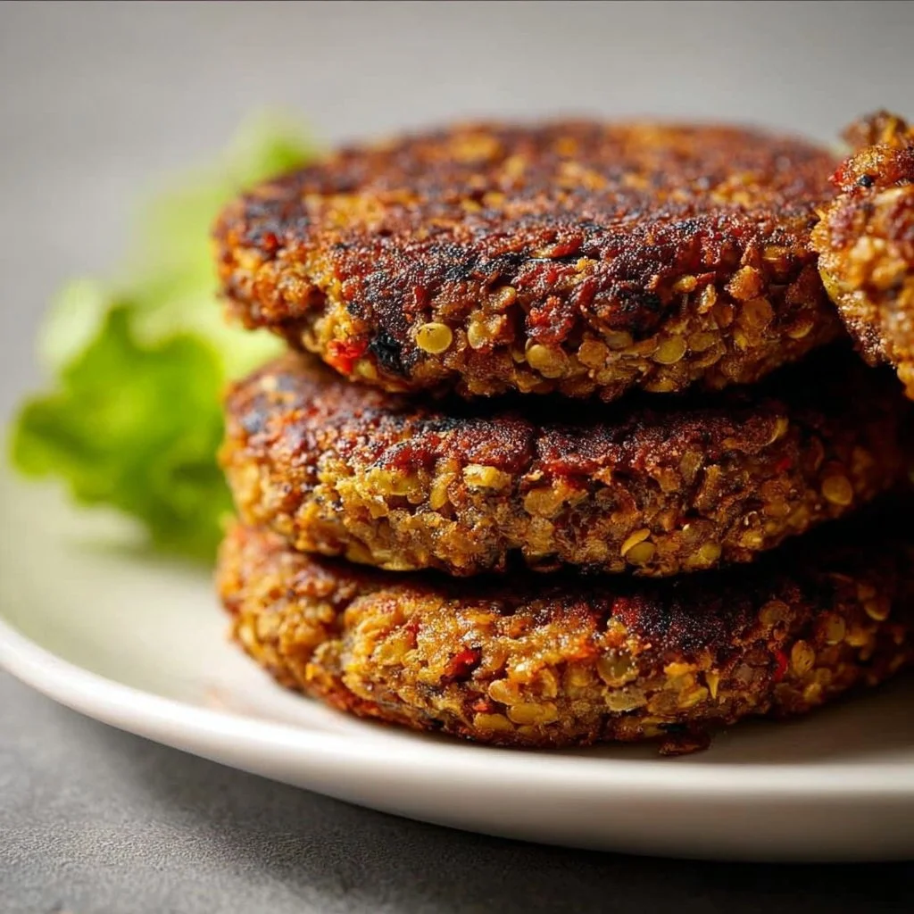 Delicious lentil walnut veggie burgers on a plate garnished with fresh vegetables.