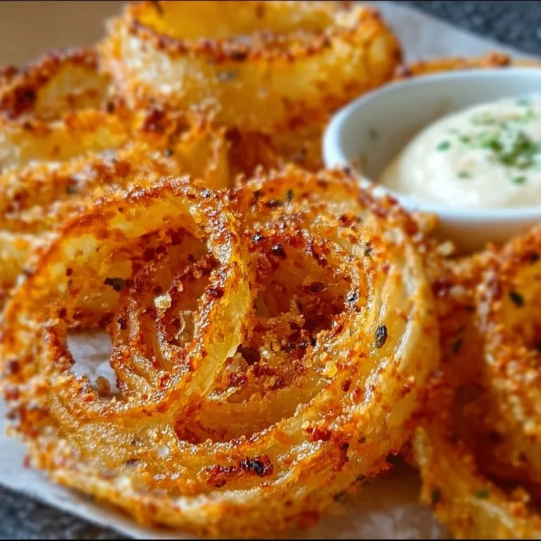 Low-carb baked onion rings served on a plate with dipping sauce.