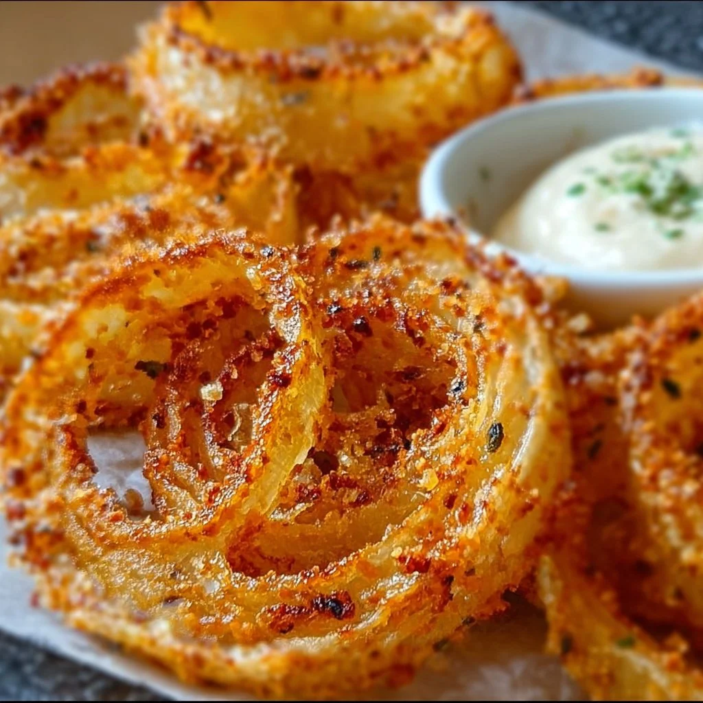 Low-carb baked onion rings served on a plate with dipping sauce.