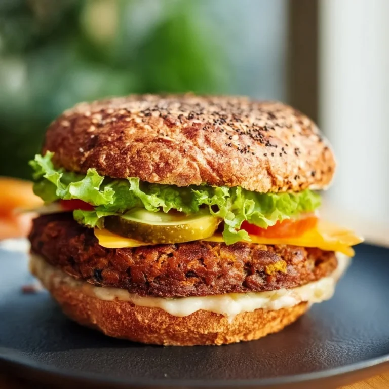 Meatiest vegan beef burger topped with fresh vegetables and served on a bun.