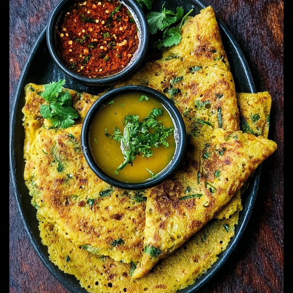 Delicious moong dal pancakes served with chutney and garnished with herbs.
