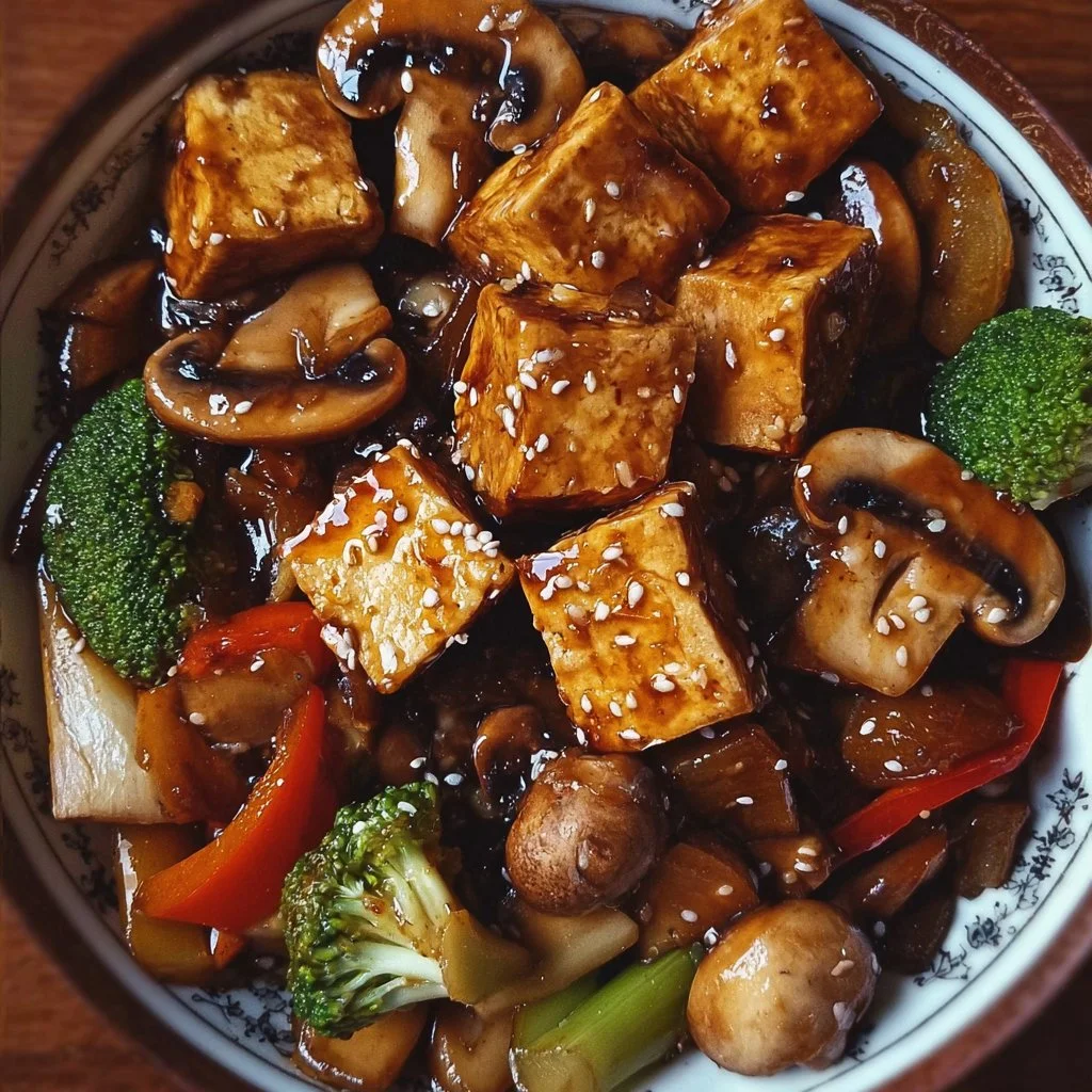 Delicious Mushroom Tofu Stir-Fry served in a vibrant bowl with fresh vegetables.