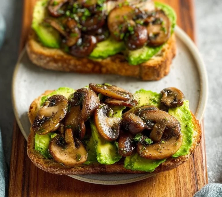 Delicious Mushroom Avocado Toast with toppings on a wooden table