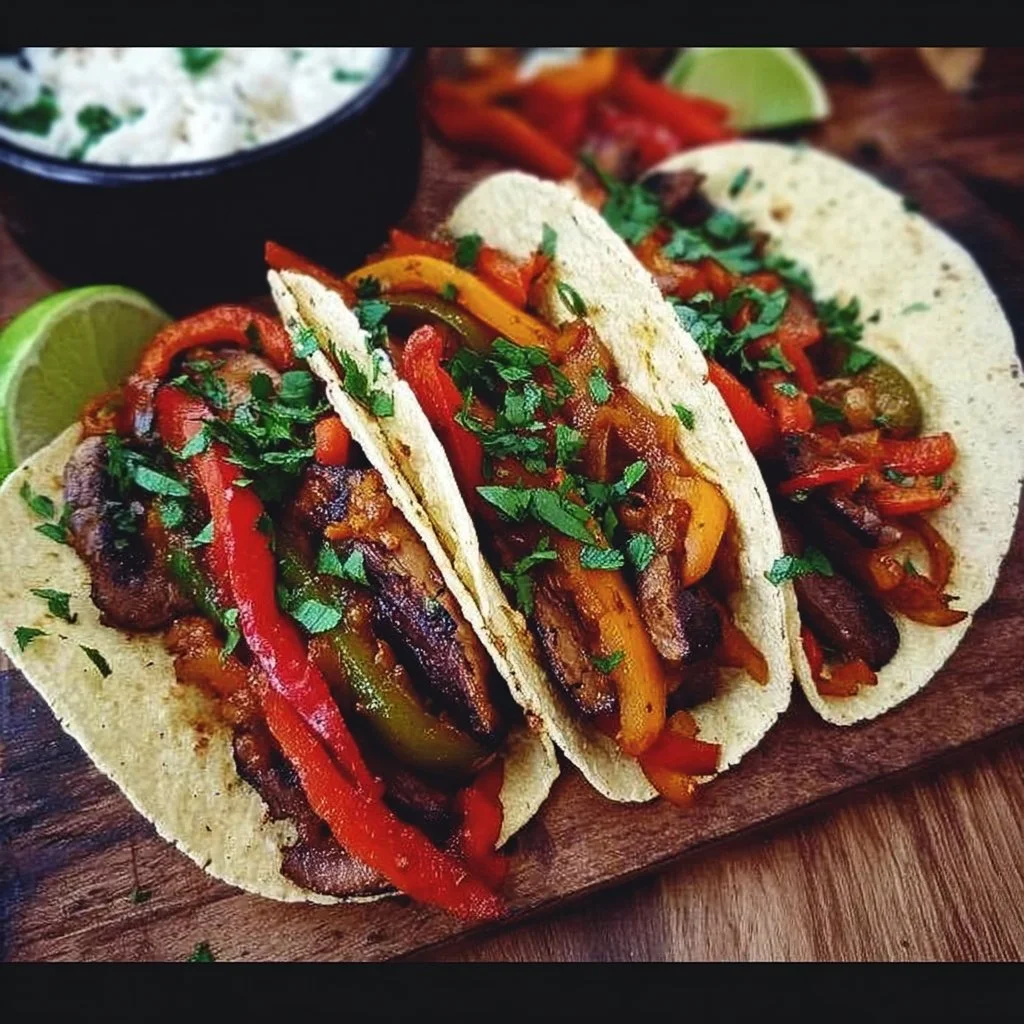 Delicious Portobello vegan fajitas featuring colorful veggies and spices