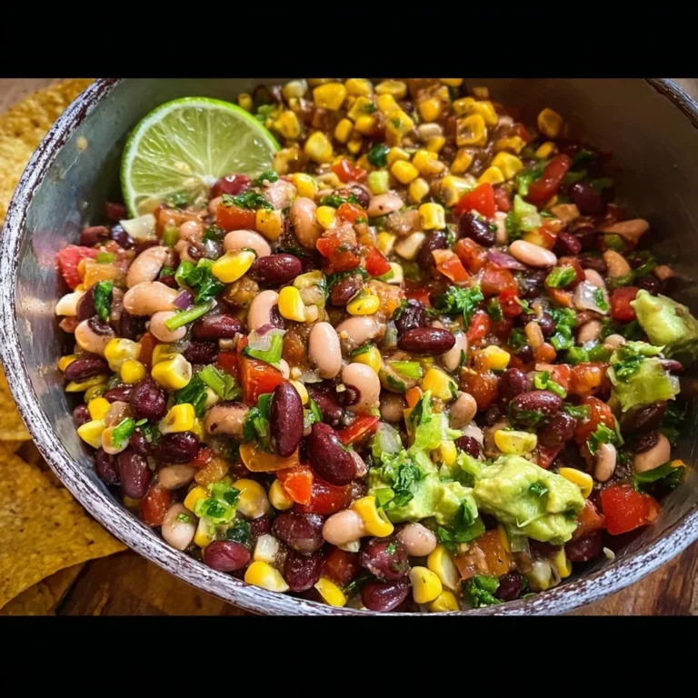 Bowl of colorful cowboy caviar with fresh vegetables and beans