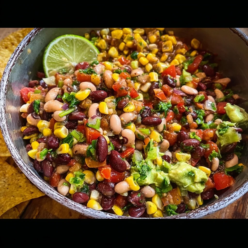 Bowl of colorful cowboy caviar with fresh vegetables and beans