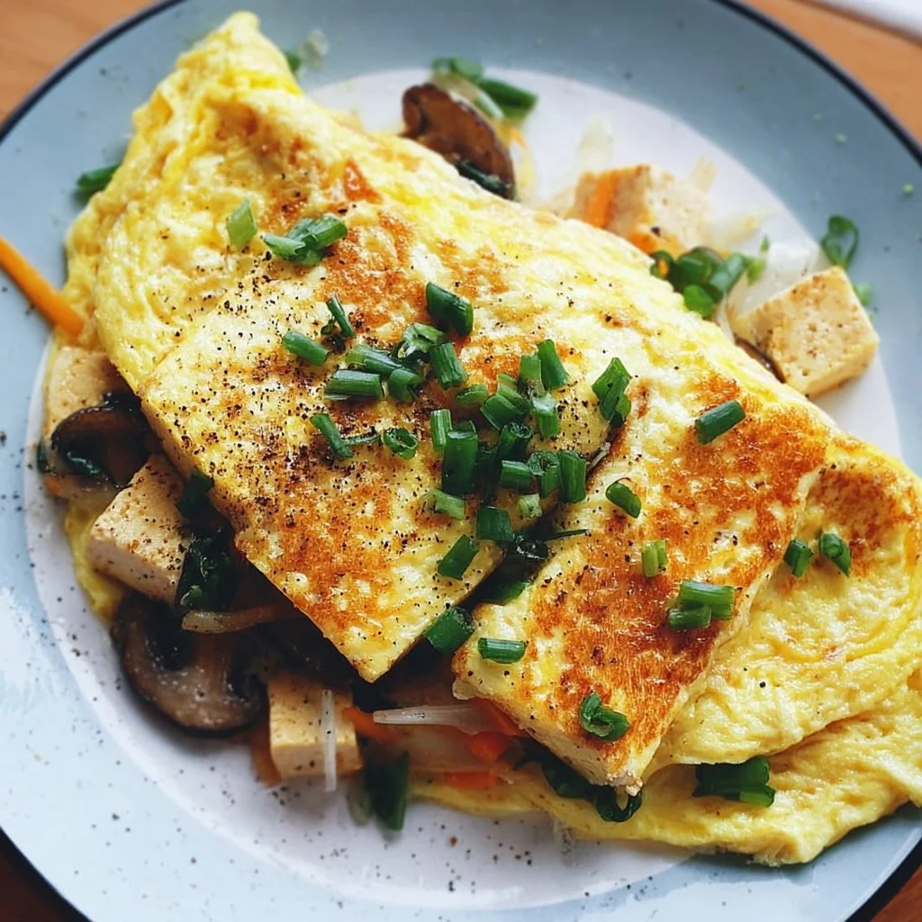 Delicious quick vegan tofu omelette served on a plate with herbs and spices.
