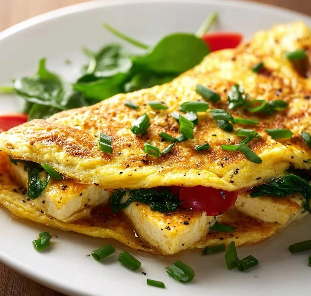 Quick vegan tofu omelette on a plate with fresh herbs and spices