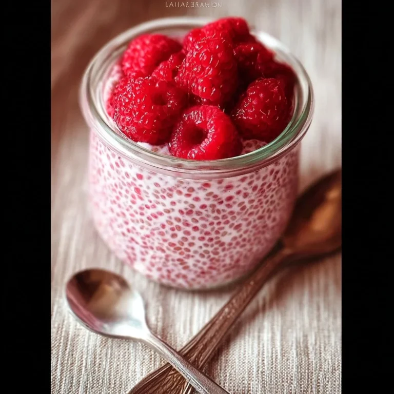 Raspberry chia pudding topped with fresh berries and maple syrup in a bowl.