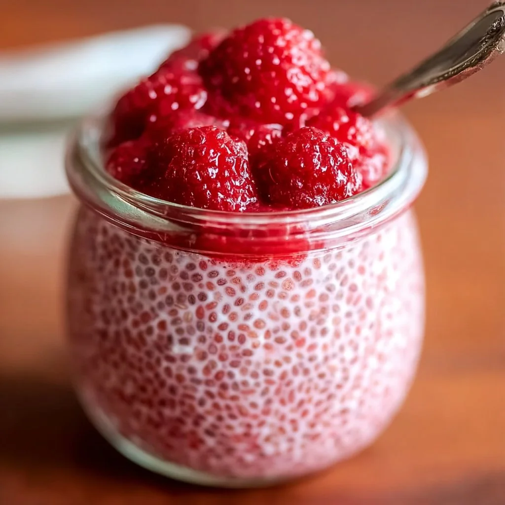 Raspberry chia pudding topped with fresh raspberries and drizzled with maple syrup