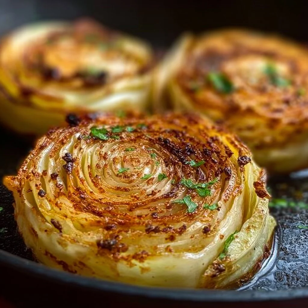 Delicious roasted cabbage steaks served with herbs and spices