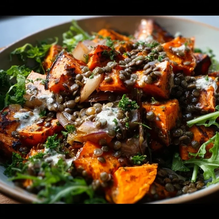 Roasted sweet potato lentil salad topped with fresh greens and dressing