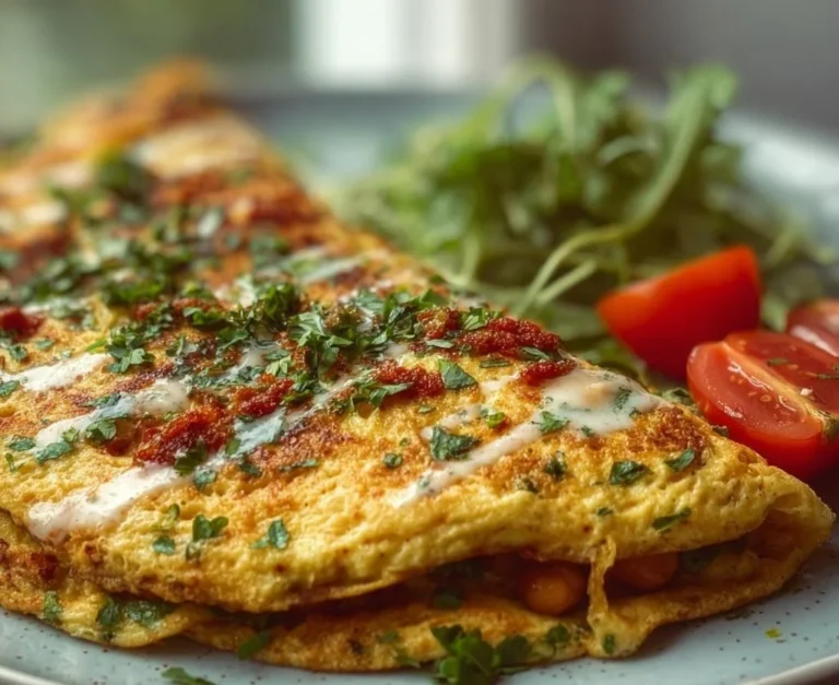 Delicious simple vegan chickpea omelette served on a plate