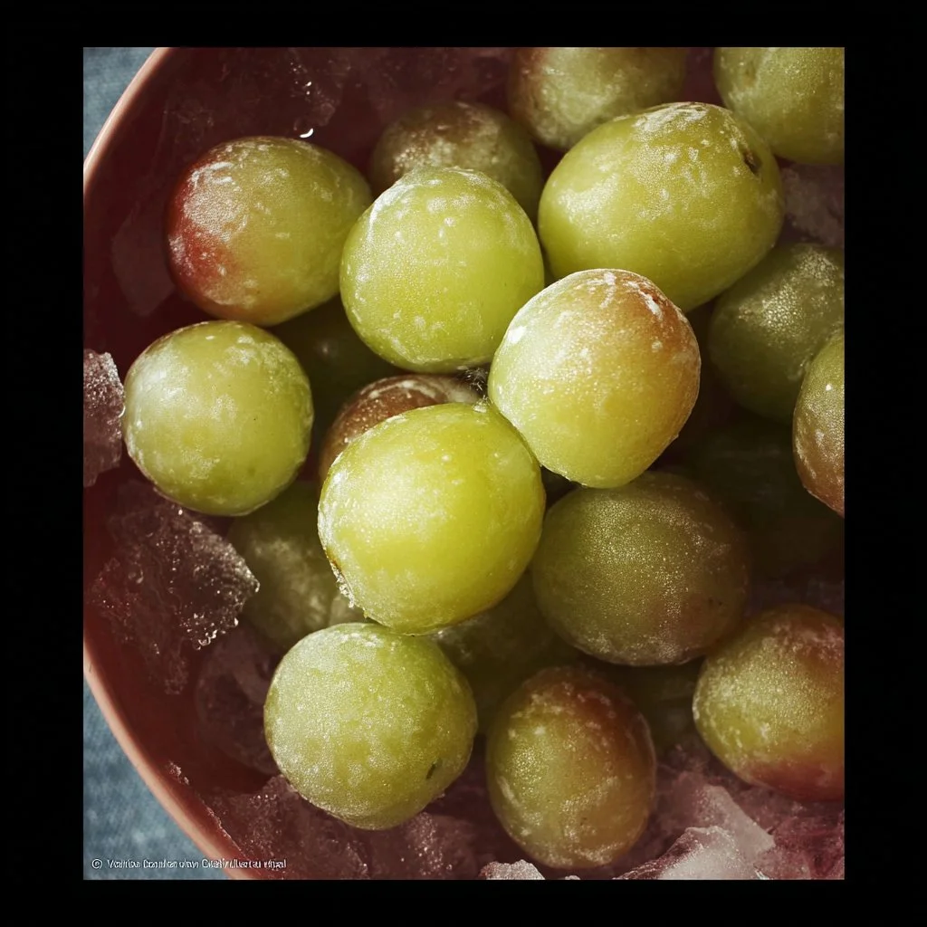Bowl of frozen grapes, a refreshing snack for warm days and TV shows.