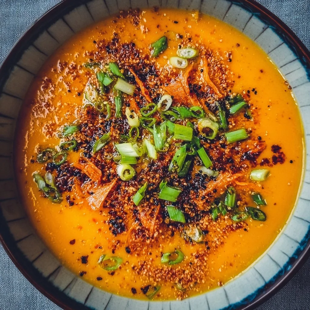 Bowl of spicy miso carrot soup garnished with herbs and spices