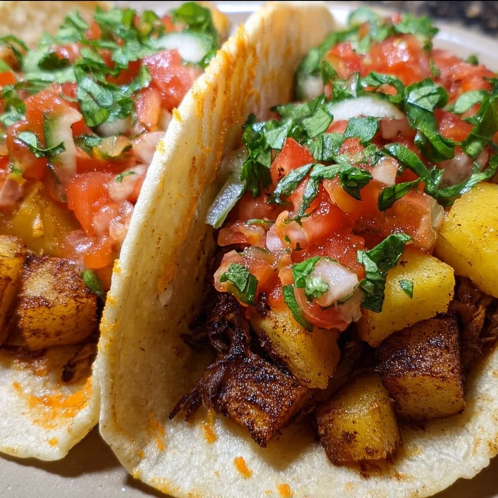 Delicious spicy potato soft taco served with fresh toppings and sauces