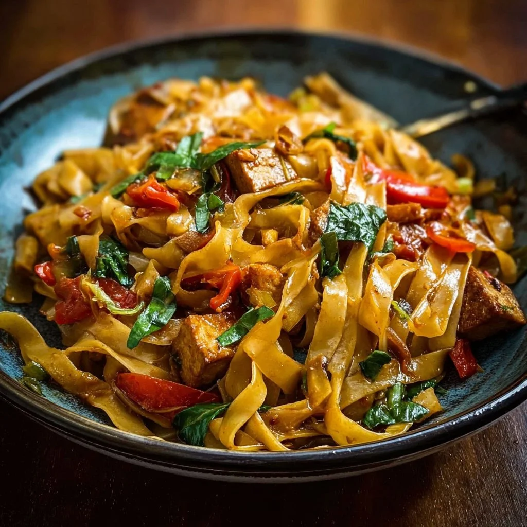 Plate of spicy vegan drunken noodles garnished with fresh vegetables and herbs.