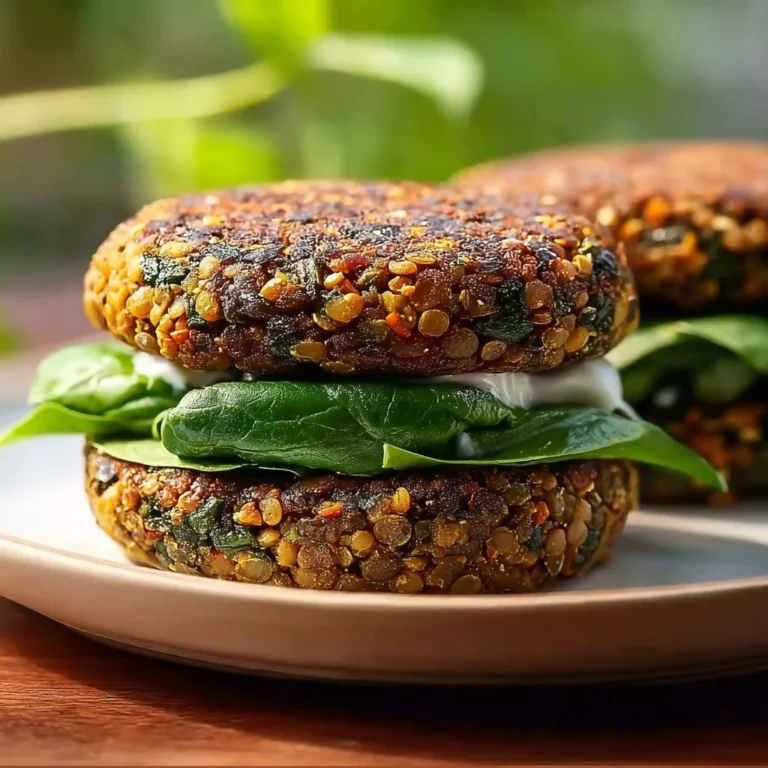 Deliciously plated Spinach and Lentil Burgers topped with fresh herbs