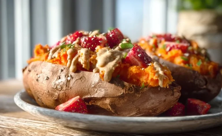Delicious stuffed sweet potatoes topped with healthy ingredients for breakfast.