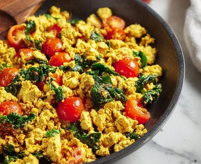 Flavorful tofu scramble with fresh spinach and tomatoes in a skillet