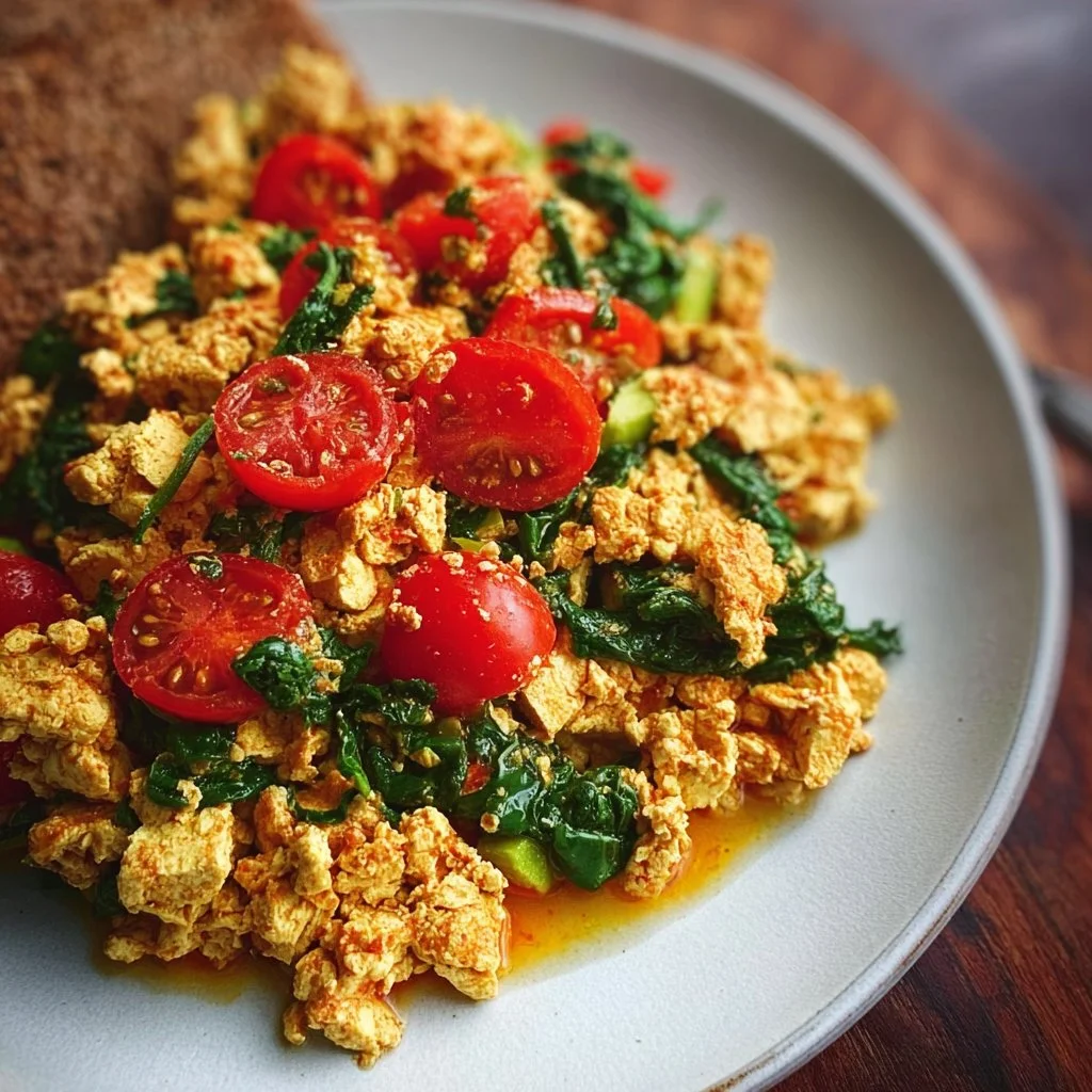 Super Flavorful Tofu Scramble with Spinach and Tomatoes