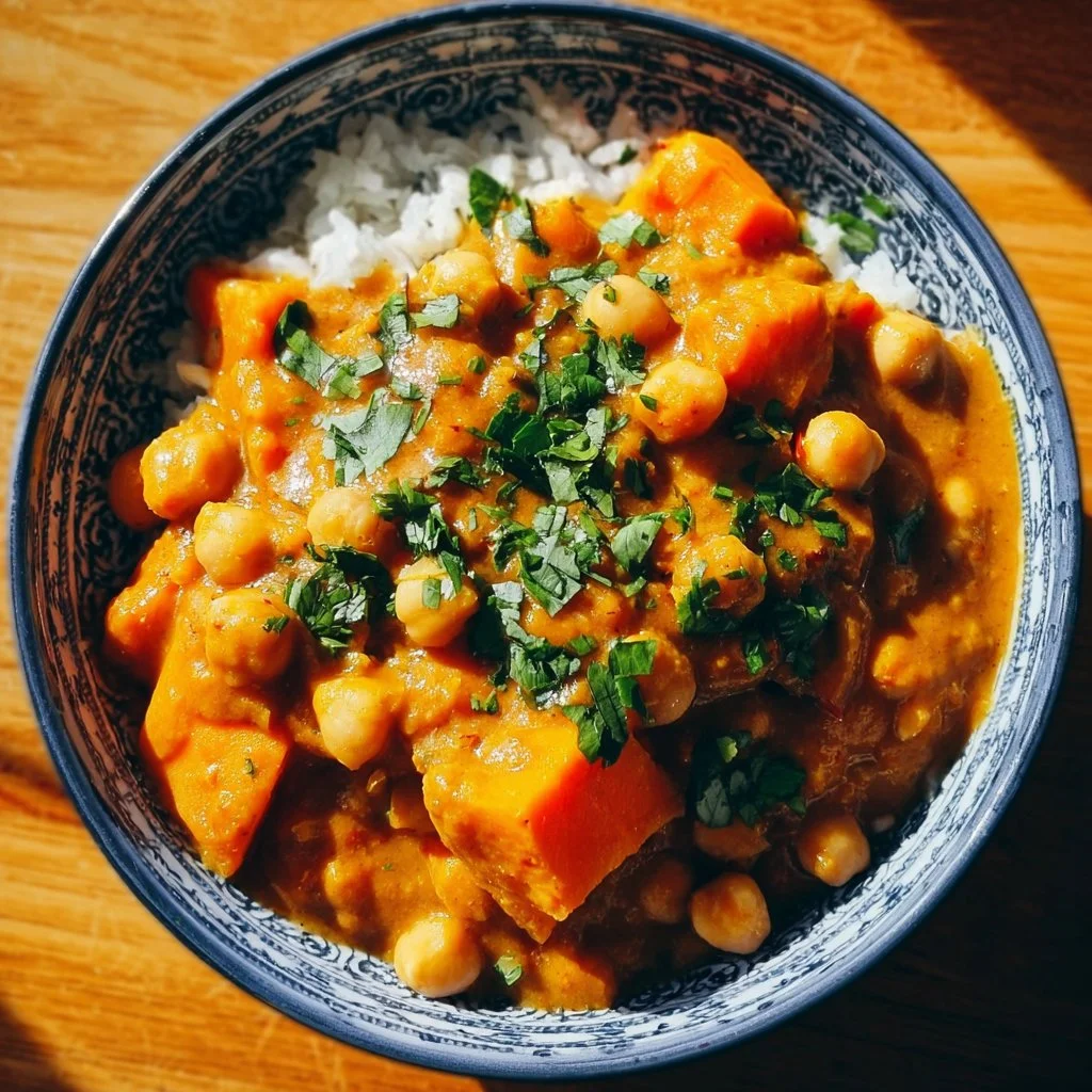 Delicious Sweet Potato and Chickpea Curry served in a bowl