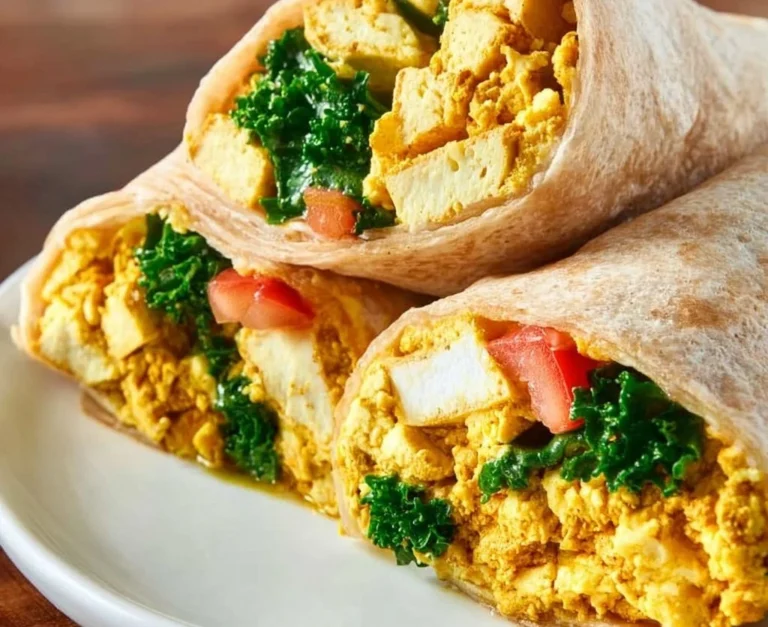 Delicious tofu scramble wrap filled with fresh veggies and spices