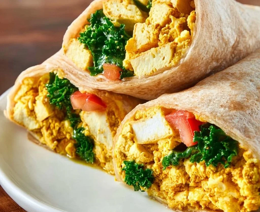 Delicious tofu scramble wrap filled with fresh veggies and spices