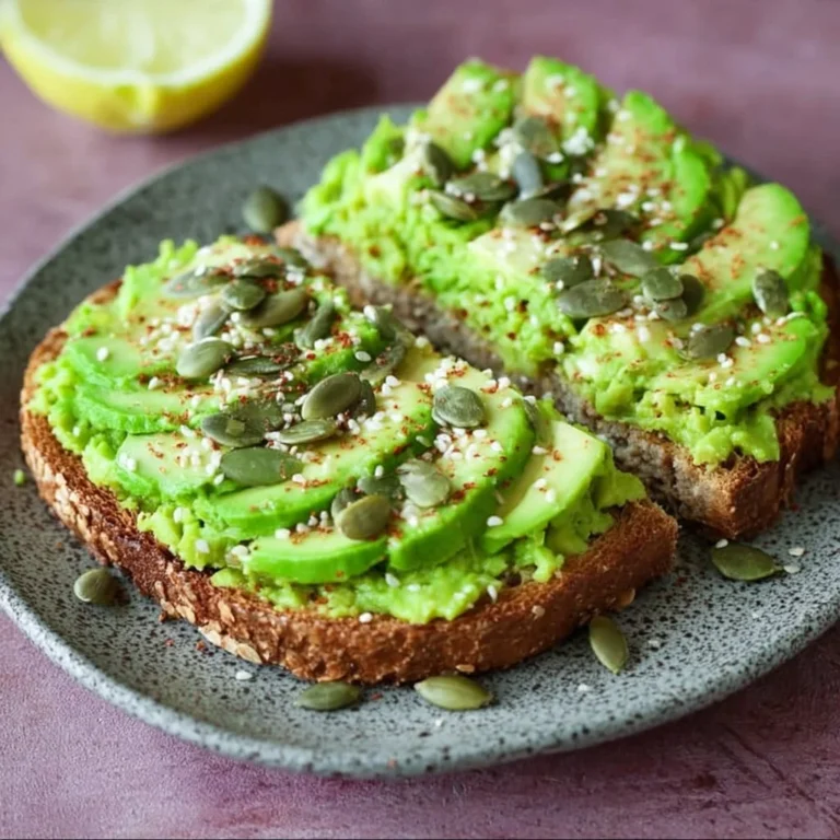 A plate of vegan avocado toast topped with seeds and herbs