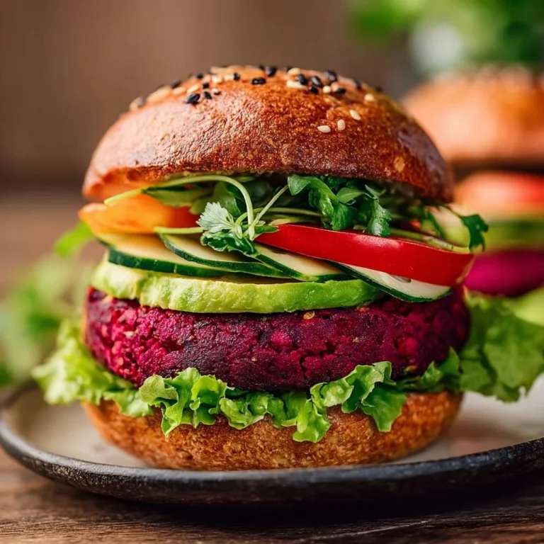 Vegan Beet Burger with avocado and fresh vegetables served on a plate