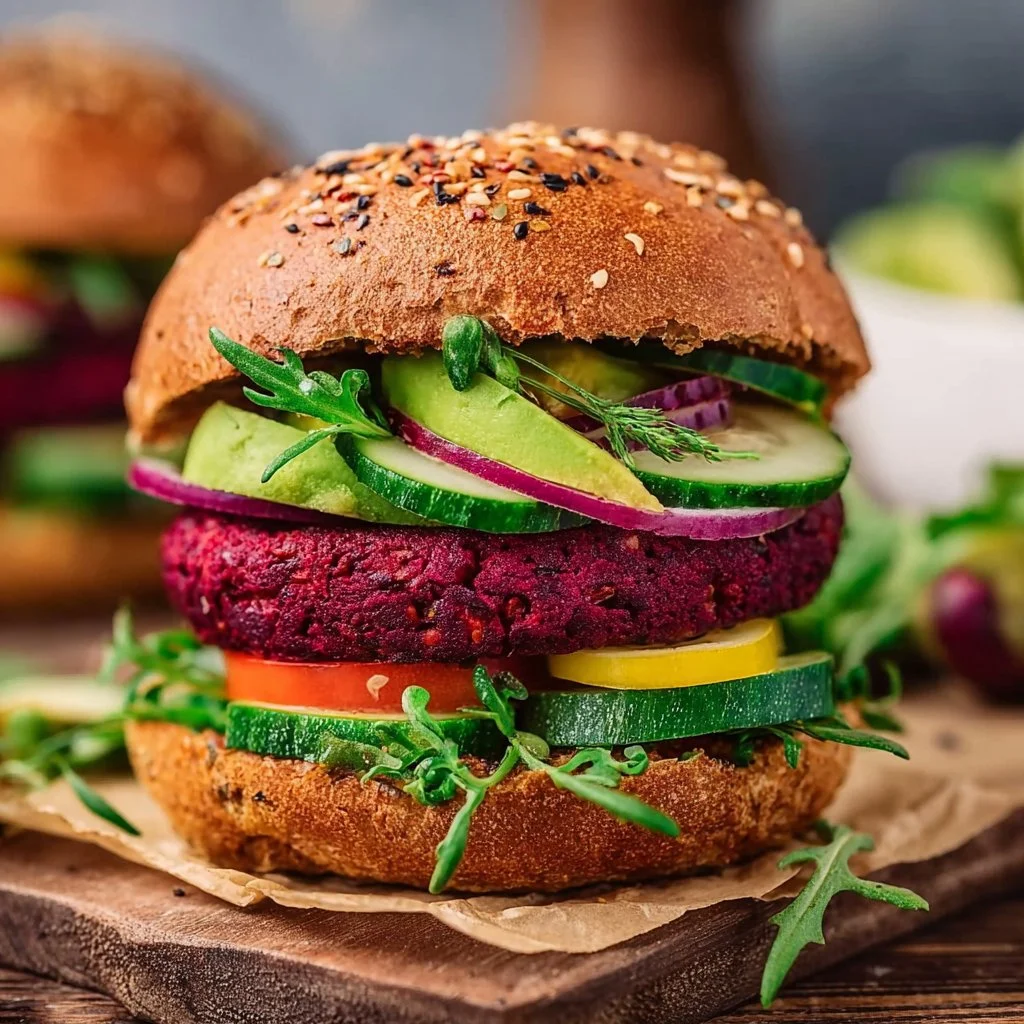 Vegan Beet Burger with Avocado and Fresh Vegetables