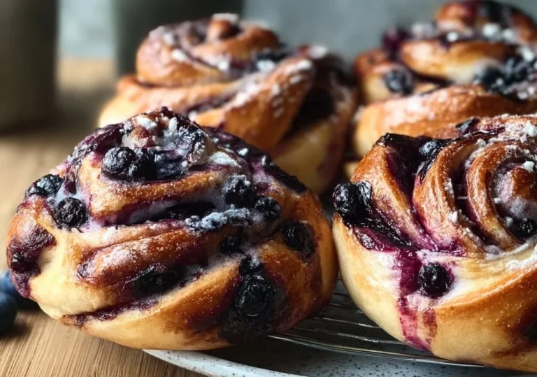 Freshly baked vegan blueberry buns with juicy blueberries on a wooden table
