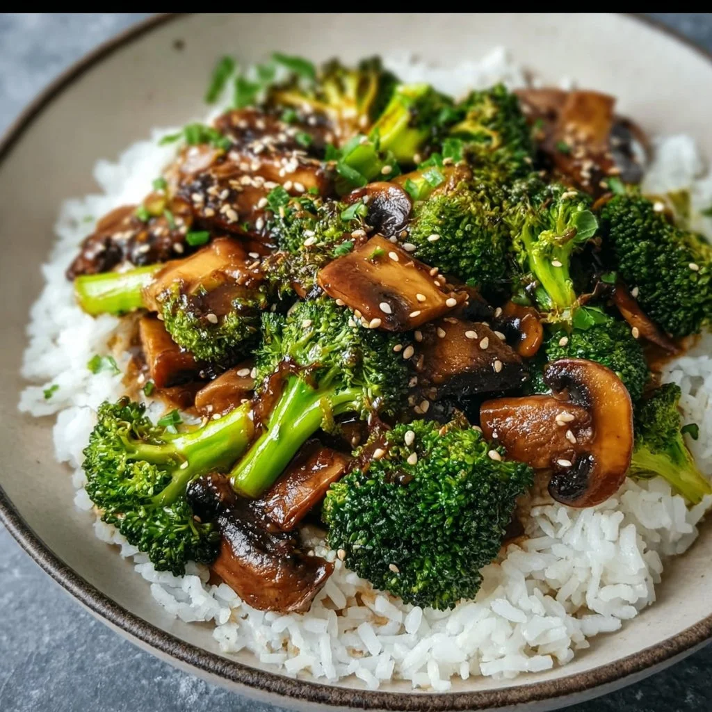 Delicious vegan broccoli and mushroom stir fry on a plate