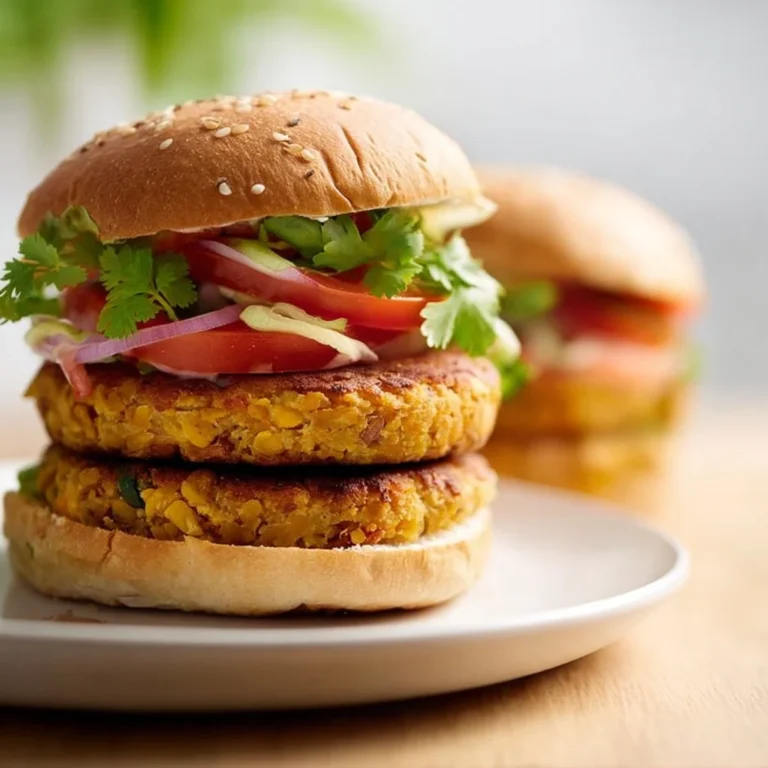 Delicious homemade vegan chickpea burgers served on a plate with fresh toppings.