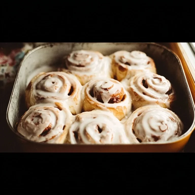 Freshly baked vegan cinnamon rolls topped with icing.