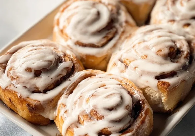 Delicious Vegan Cinnamon Rolls topped with icing on a wooden table