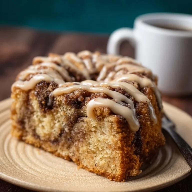 Delicious vegan coffee cake slice on a plate with coffee cup