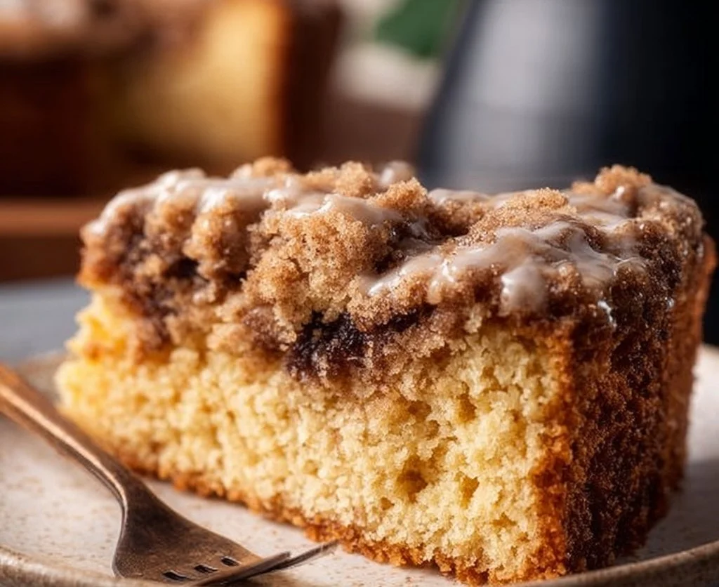 Slice of moist Vegan Coffee Cake topped with nuts and coffee glaze