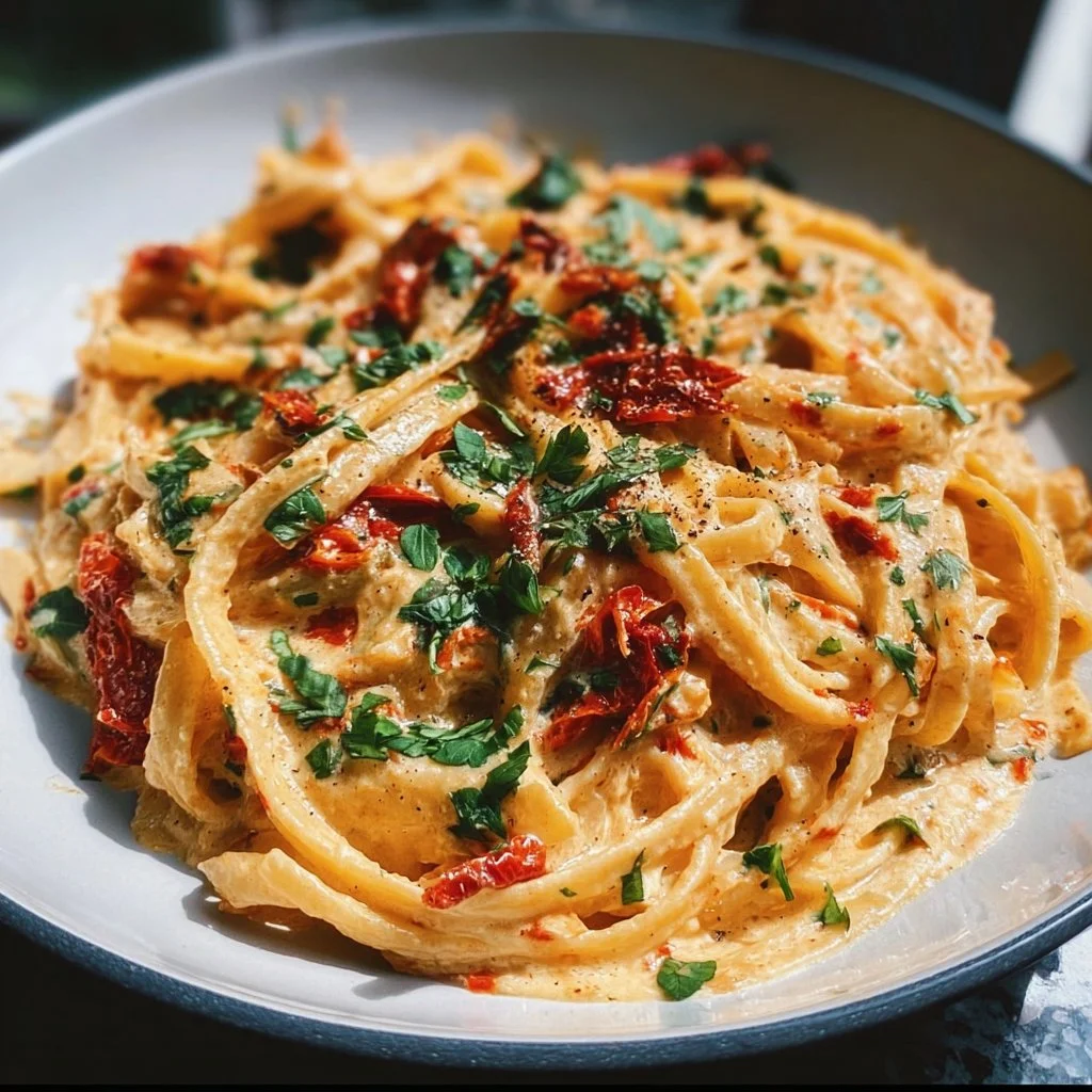 Vegan creamy sun dried tomato pasta served in a bowl with fresh herbs.