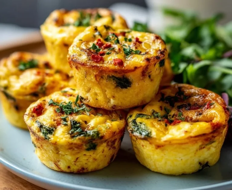 Plate of colorful vegan egg bites with vegetables and herbs.