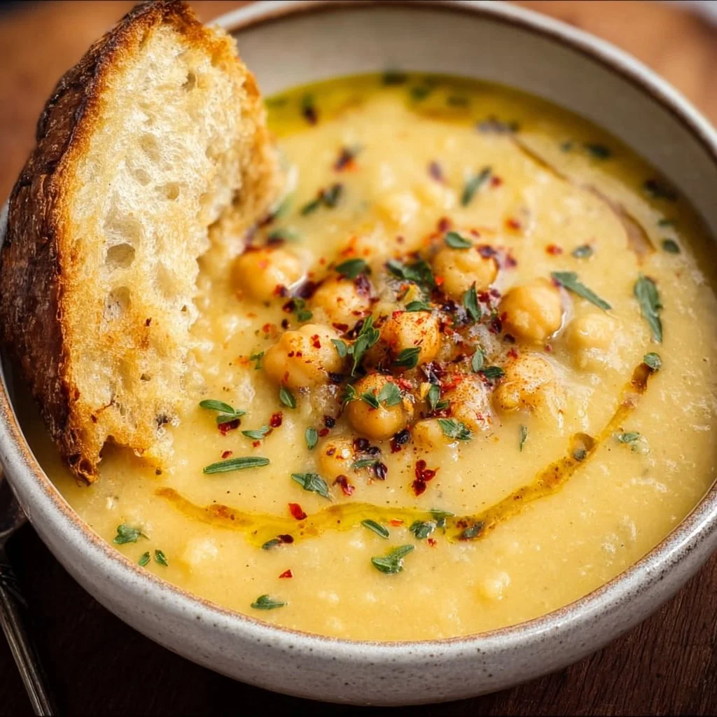 Bowl of Vegan Garlic Chickpea Soup garnished with fresh herbs