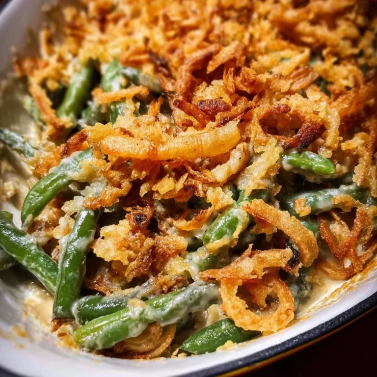 A vegan green bean casserole dish topped with crispy onions and served in a white ceramic bowl.