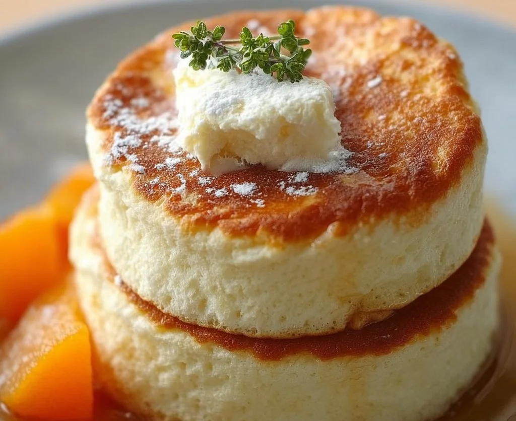 Fluffy Vegan Japanese Souffle Pancakes stacked on a plate with syrup and fruits