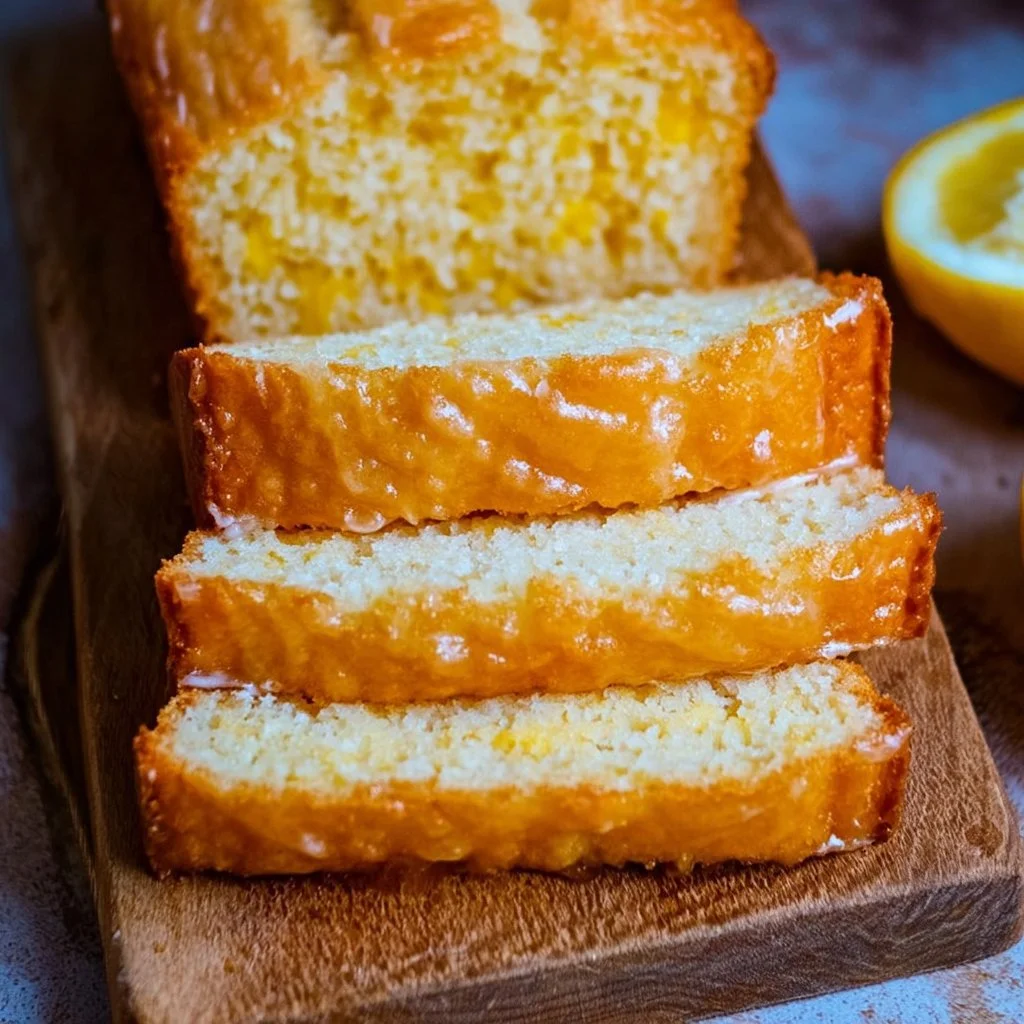 Freshly baked vegan lemon bread sliced on a wooden board